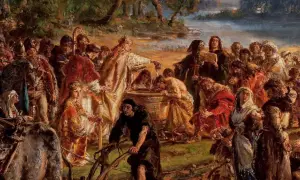 Chrzest Polski gdzie był? Nad rzeką, w otoczeniu ludu i duchowieństwa, odbywa się symboliczny akt przyjęcia wiary.