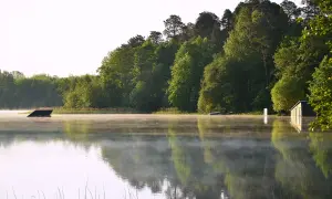 Mglisty poranek nad jeziorem do pływania. W oddali widać pomost i małą szopę.