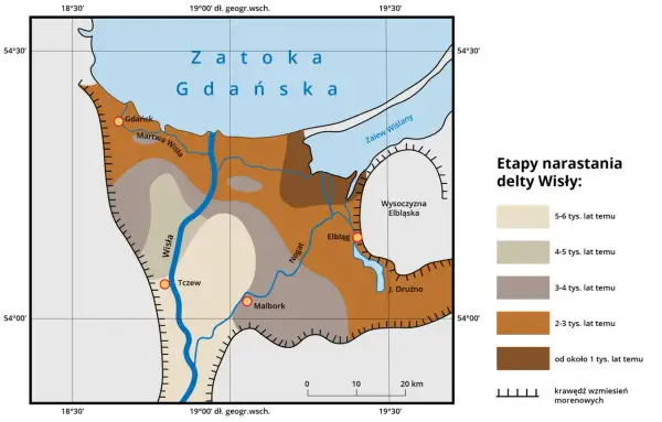 Mapa przedstawia etapy narastania delty Wisły, ukazując, jak rzeka tworzyła najniższe miejsce w Polsce, docierając do Zatoki Gdańskiej.